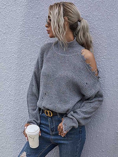 Ripped Cold Shoulder Turtleneck Sweater