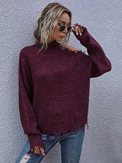 Ripped Cold Shoulder Turtleneck Sweater