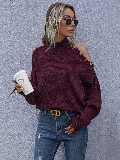 Ripped Cold Shoulder Turtleneck Sweater