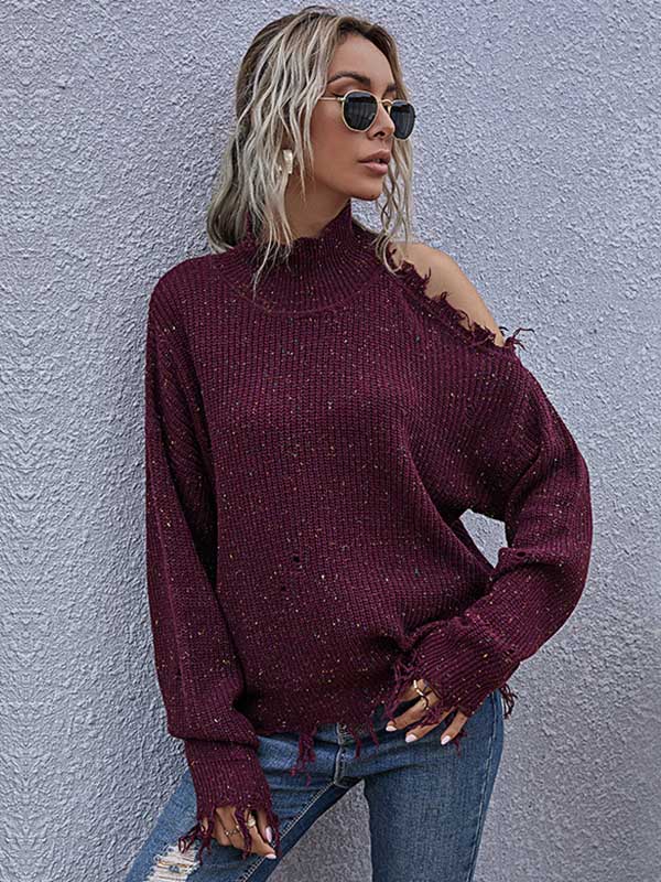 Ripped Cold Shoulder Turtleneck Sweater