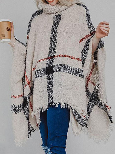 Plaid Turtleneck Tassels Knit Poncho Shawl