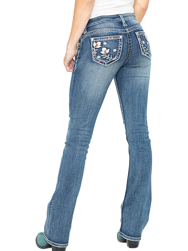 Jean bootcut taille mi-haute élastique délavé et délavé avec broderies florales