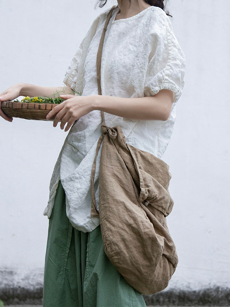 Cotton and Linen Shoulder Bag with Flap