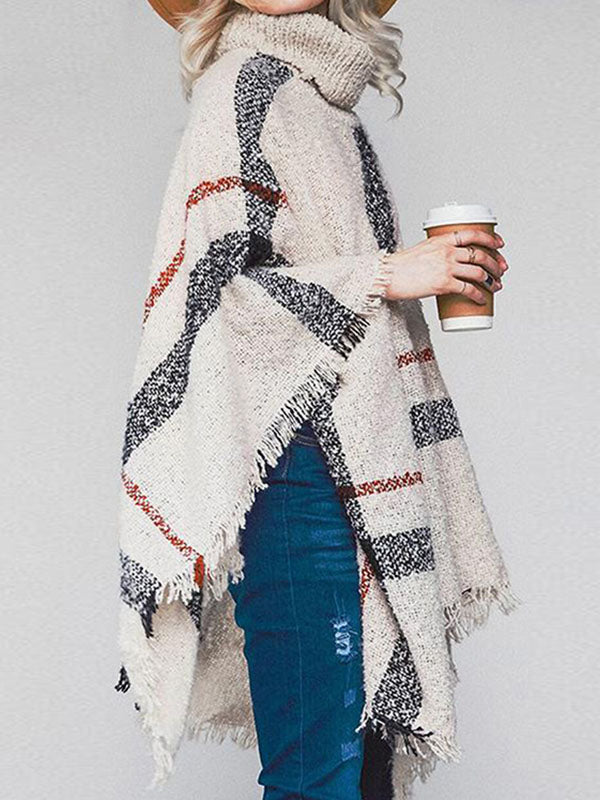 Plaid Turtleneck Tassels Knit Poncho Shawl