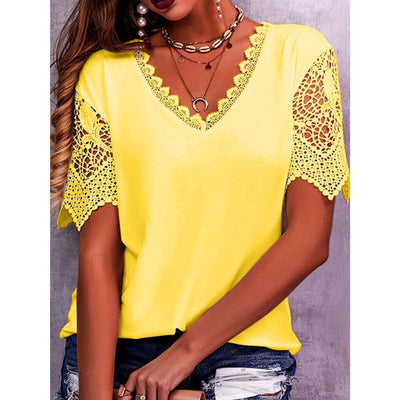 Lace Stitching Loose V-neck Short Sleeve T-shirt