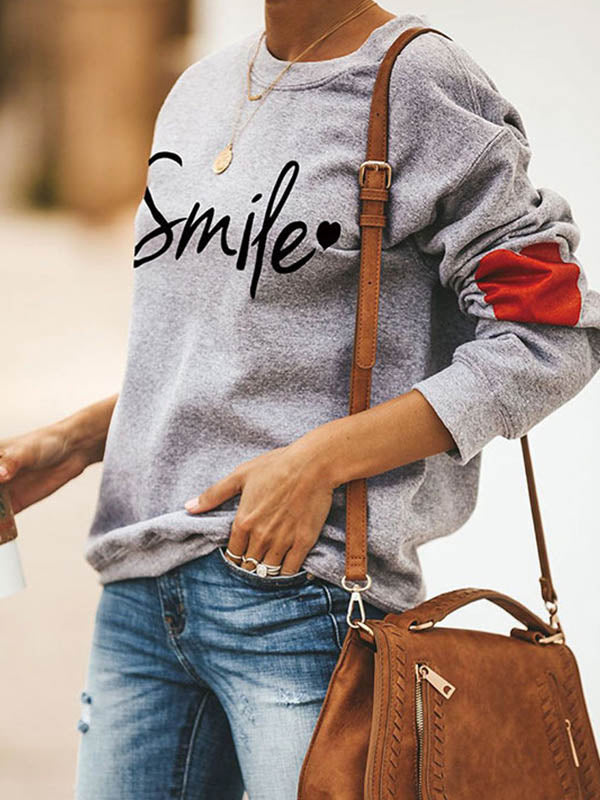 Smile Print Crew Neck Casual Sweatshirt