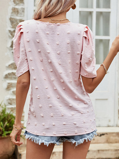 Swiss Dot V Neck Short Puff Sleeve Top