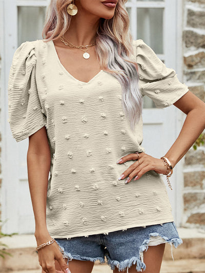 Swiss Dot V Neck Short Puff Sleeve Top