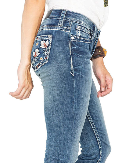 Jean bootcut taille mi-haute élastique délavé et délavé avec broderies florales