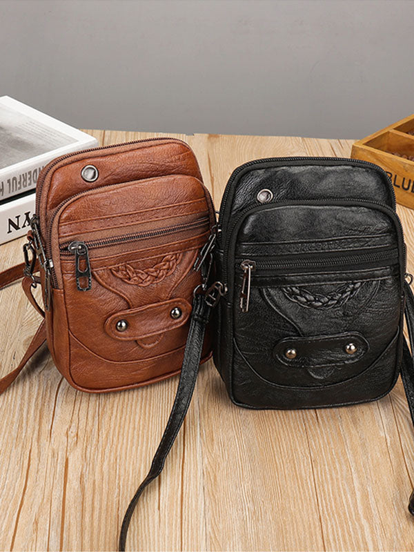 Vintage-Inspired Studded Washed Leather Crossbody Bag