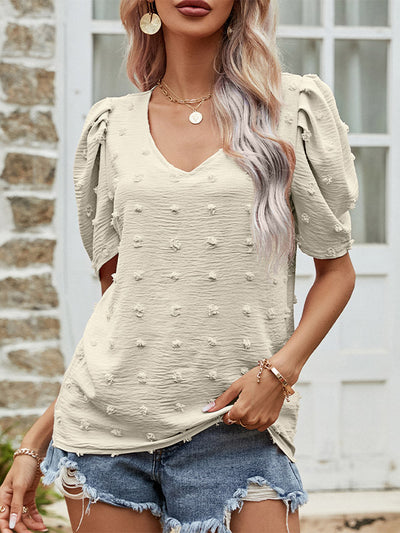 Swiss Dot V Neck Short Puff Sleeve Top