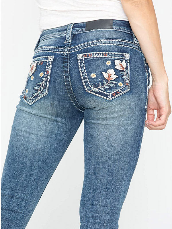 Jean bootcut taille mi-haute élastique délavé et délavé avec broderies florales