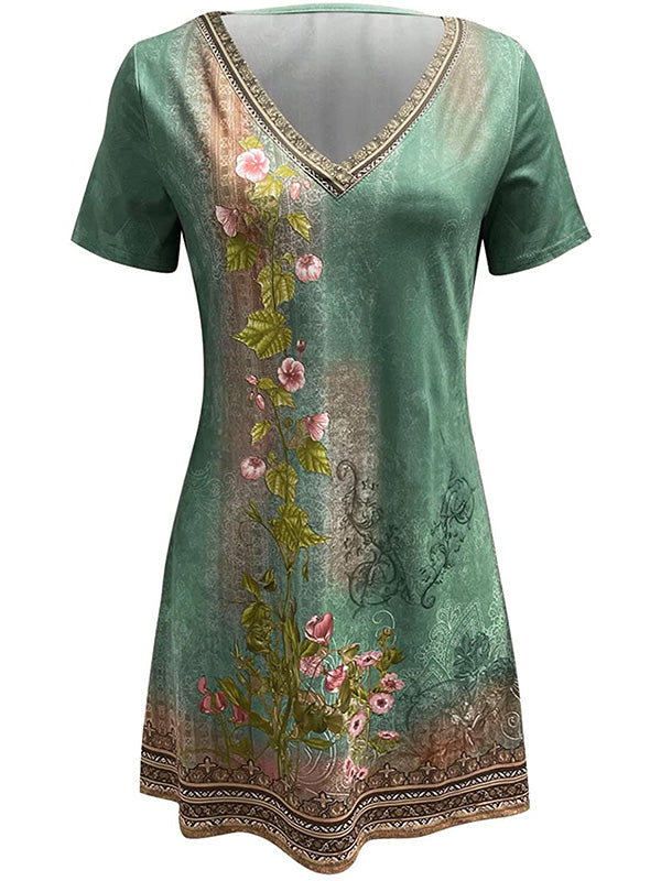 V-neck Short Sleeve Floral Dress