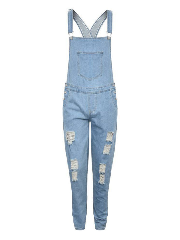 Ripped Distressed Washed Denim Overalls
