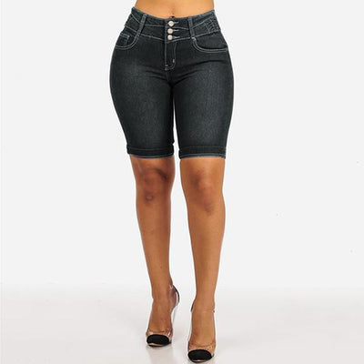 Mid Rise Buttons Stretch Denim Shorts Black Front
