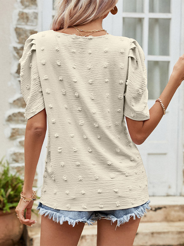 Swiss Dot V Neck Short Puff Sleeve Top