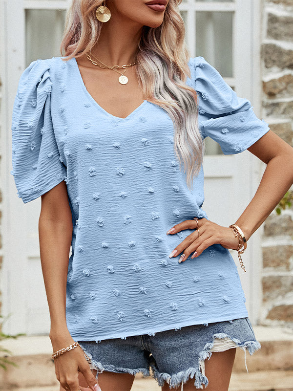 Swiss Dot V Neck Short Puff Sleeve Top