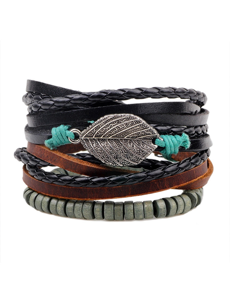 Leather String Beaded Leaf Combination Bracelet Set of Three
