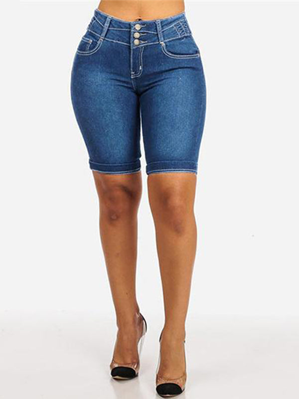 Mid Rise Buttons Stretch Denim Shorts