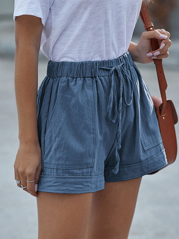 High Waist Drawstring Big Pockets Casual Shorts