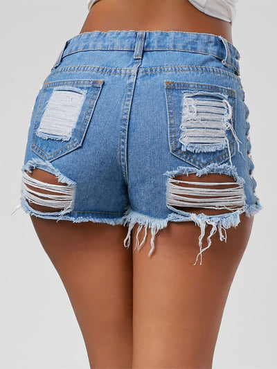 Denim shorts feature lace-up sides, and frayed detail along the thighs and back side