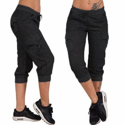 Black knitted jogger capris with four cargo pockets and two front pockets from www.madepants.com