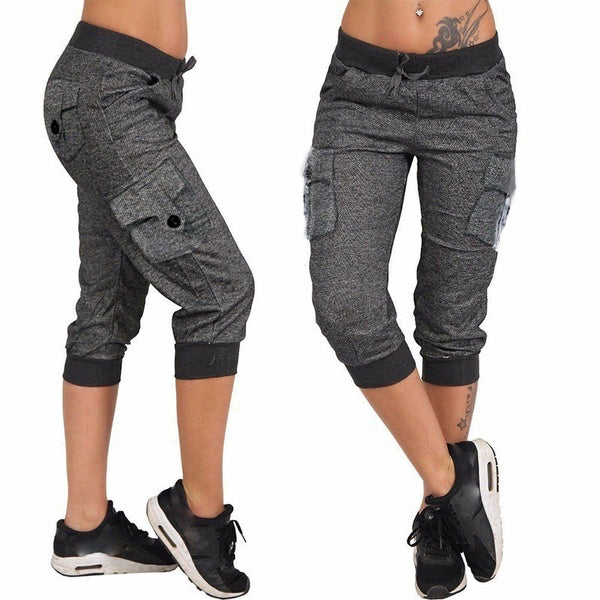 Dark gray knitted jogger capris with four cargo pockets and two front pockets from www.madepants.com
