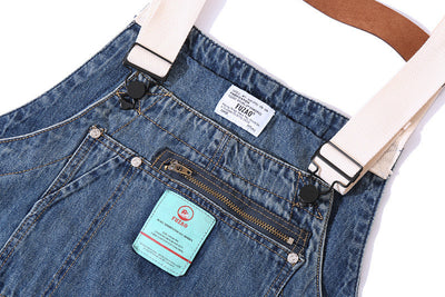 Distressed Denim Suspenders Multi-Pocket Overalls