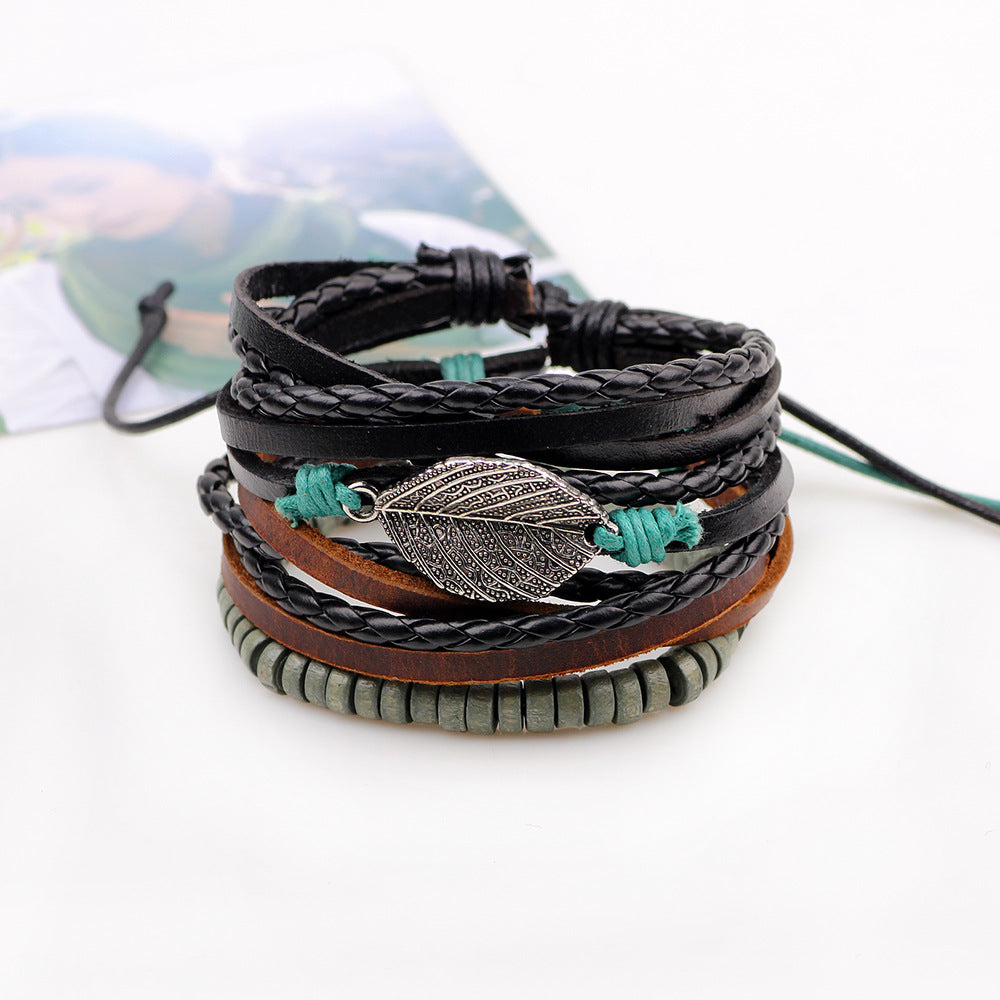 Leather String Beaded Leaf Combination Bracelet Set of Three